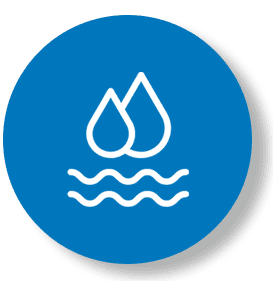 A blue button with water and two drops of water